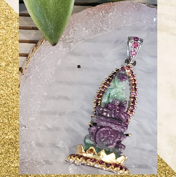 Genuine Garnet & Ruby Zoisite Hand Carved Buddha Pendant